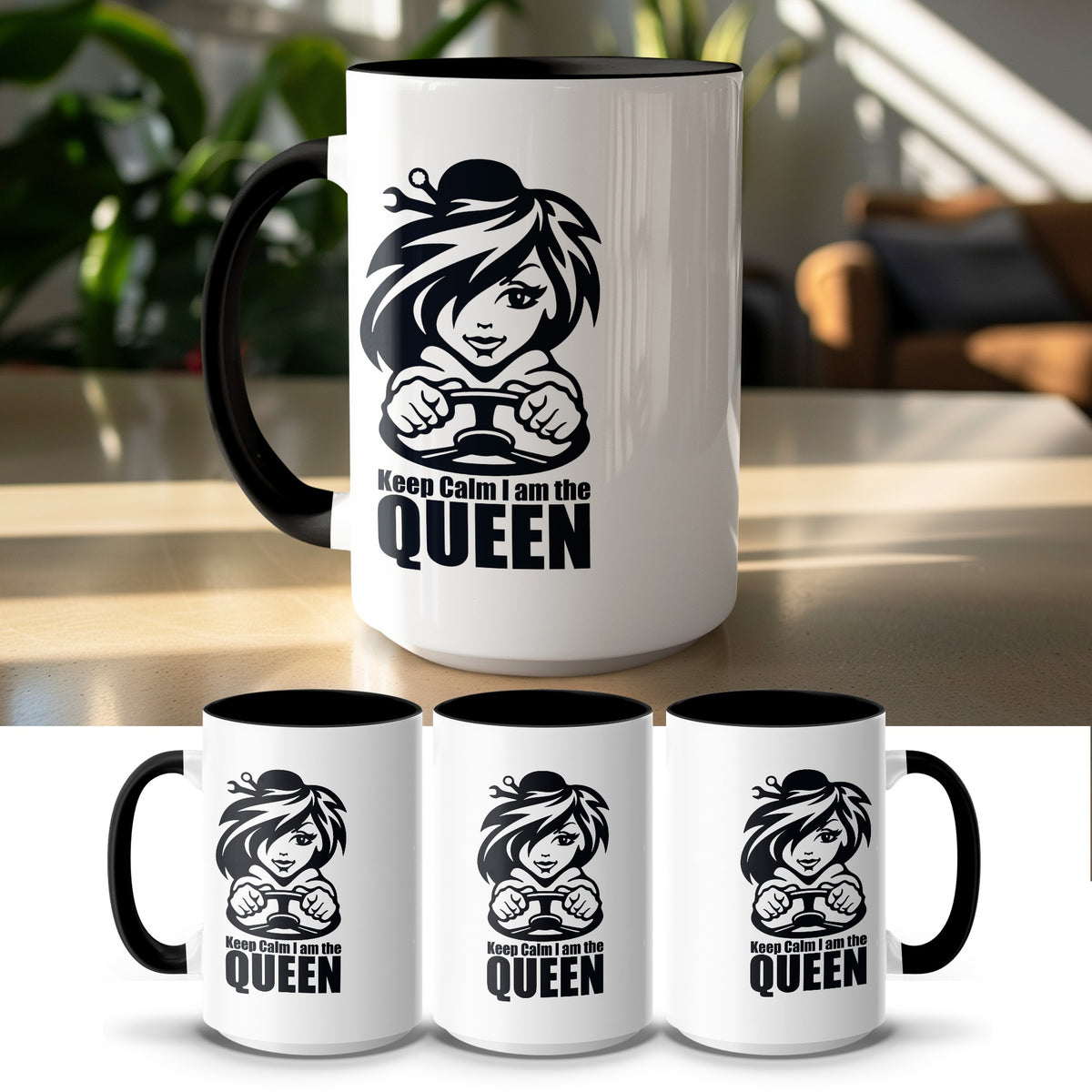 White mug with black interior and handle, featuring a "Keep Calm I am the QUEEN" graphic.
