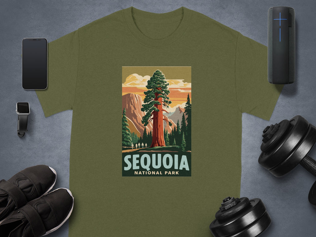 Green t-shirt with graphic of a large sequoia tree and text "Sequoia National Park".