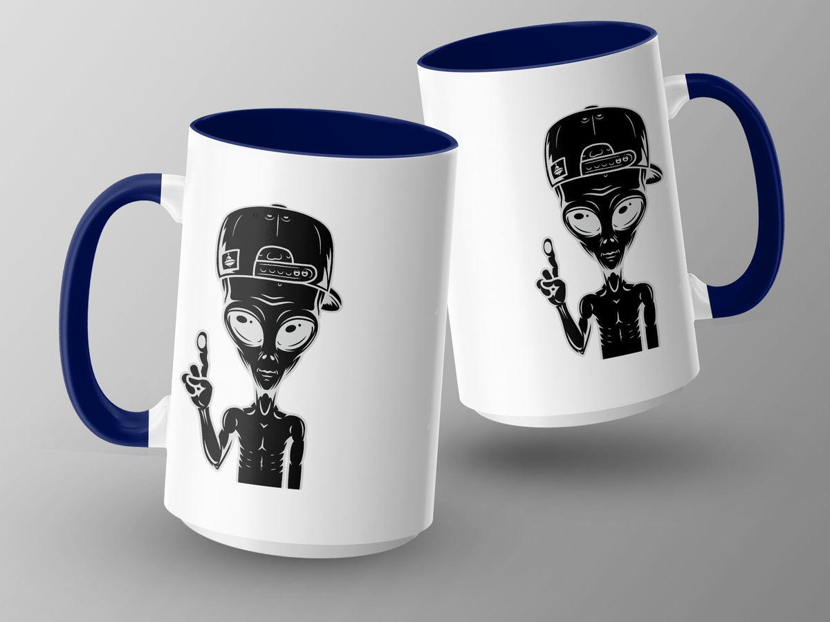 Two white mugs with blue handles and rims feature a black alien graphic.