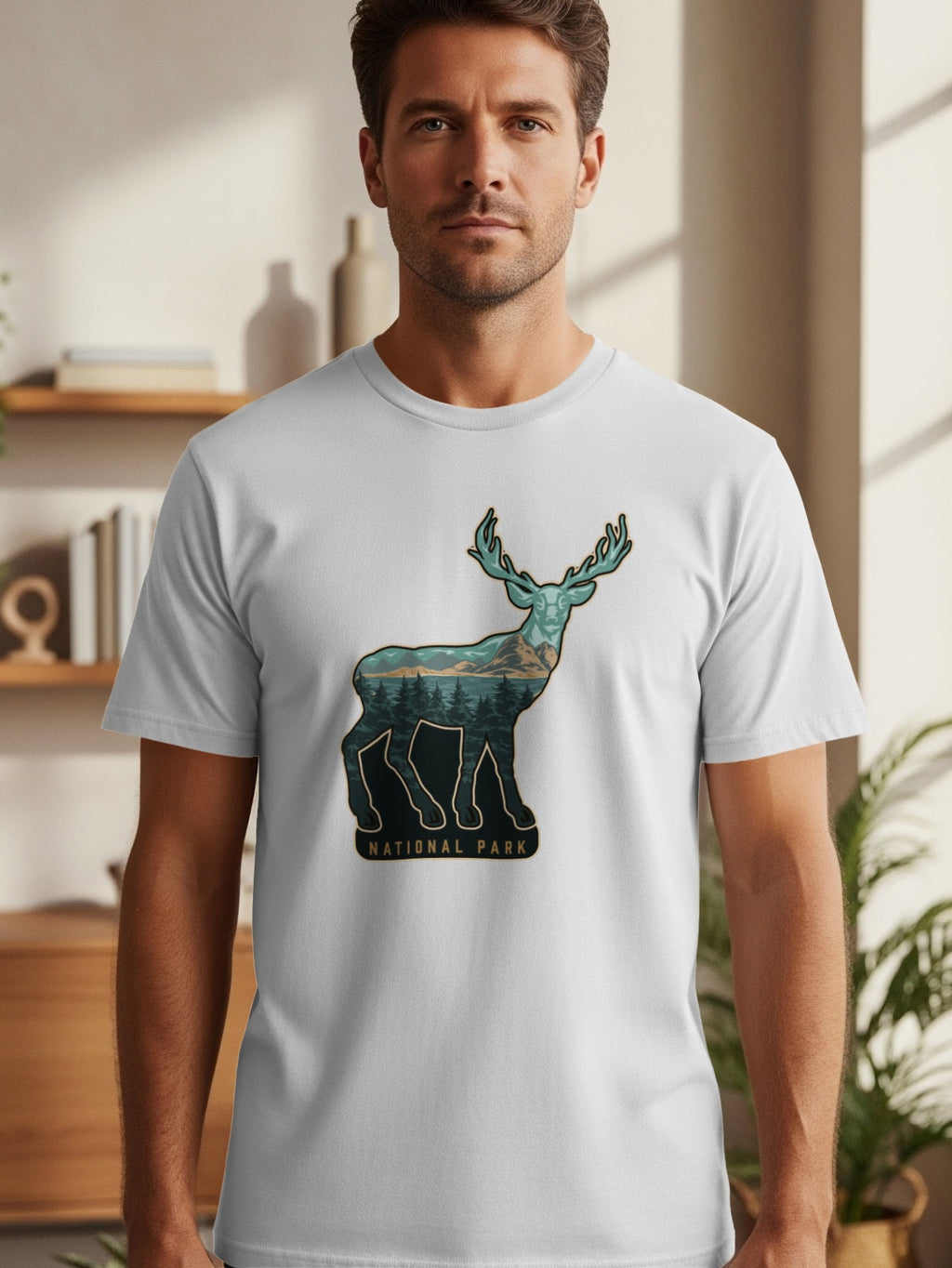 White t-shirt with a stylized deer silhouette containing a layered landscape design and text.