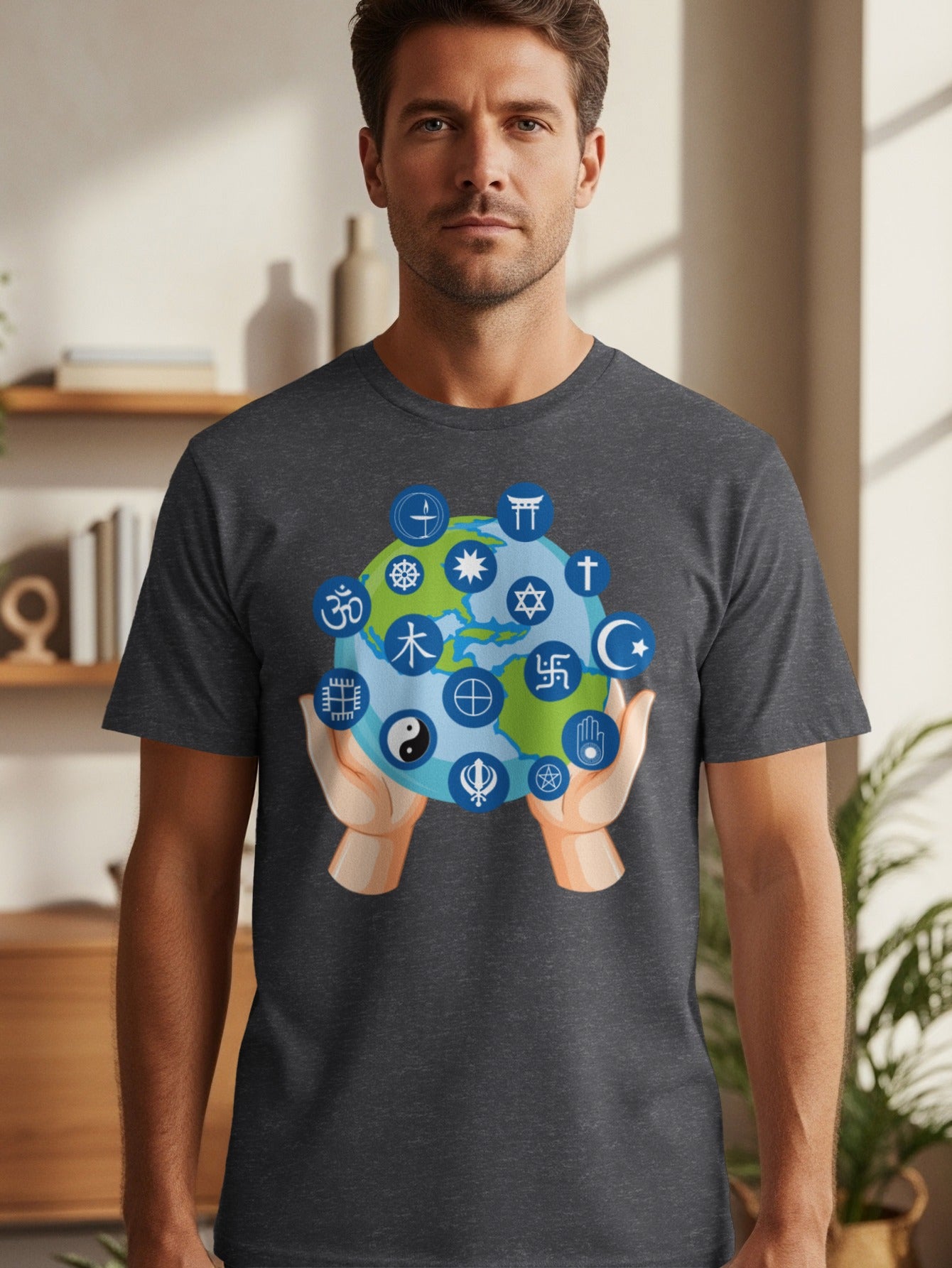 Hands hold globe with various religious and cultural symbols surrounding it.