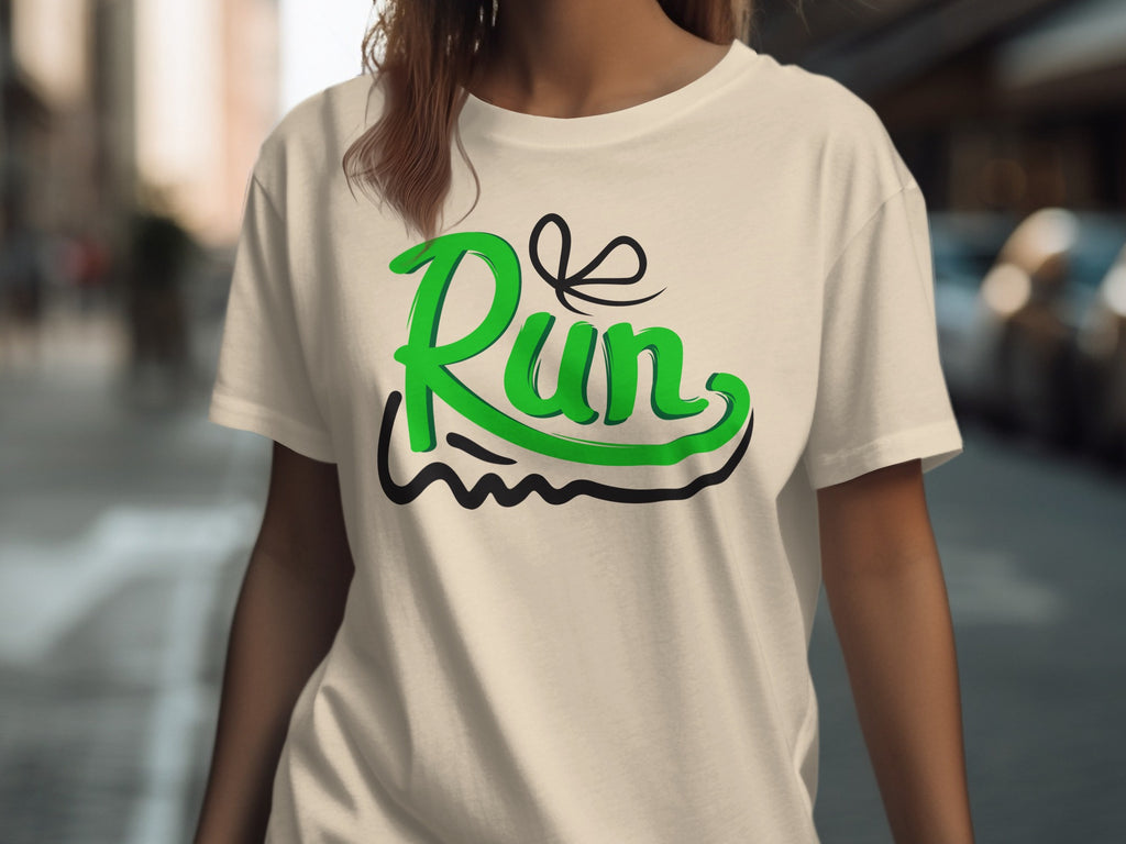 Cream t-shirt with a green "Run" graphic, featuring a black loop above the word.