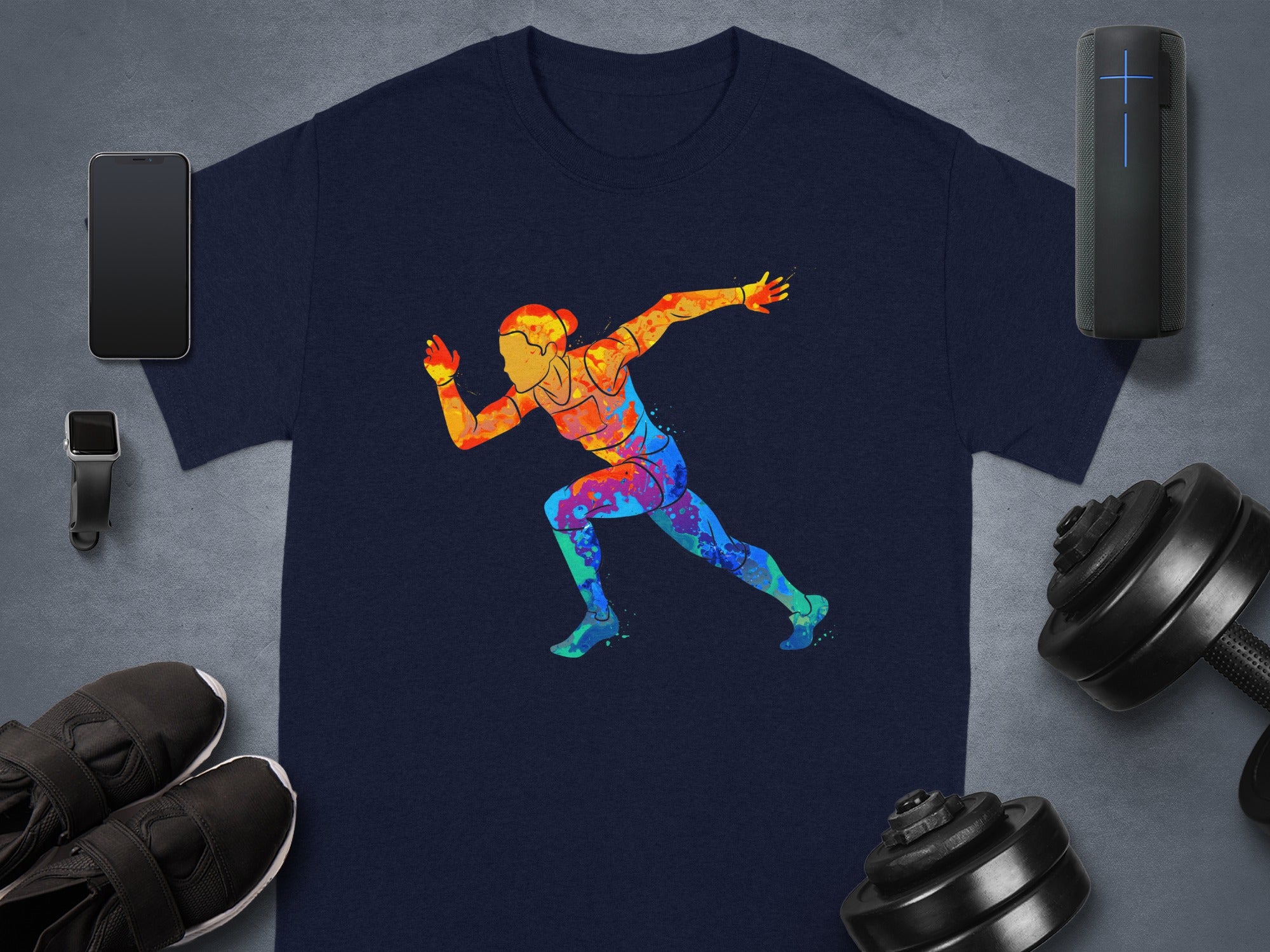 Navy t-shirt with a colorful watercolor runner graphic and workout accessories.