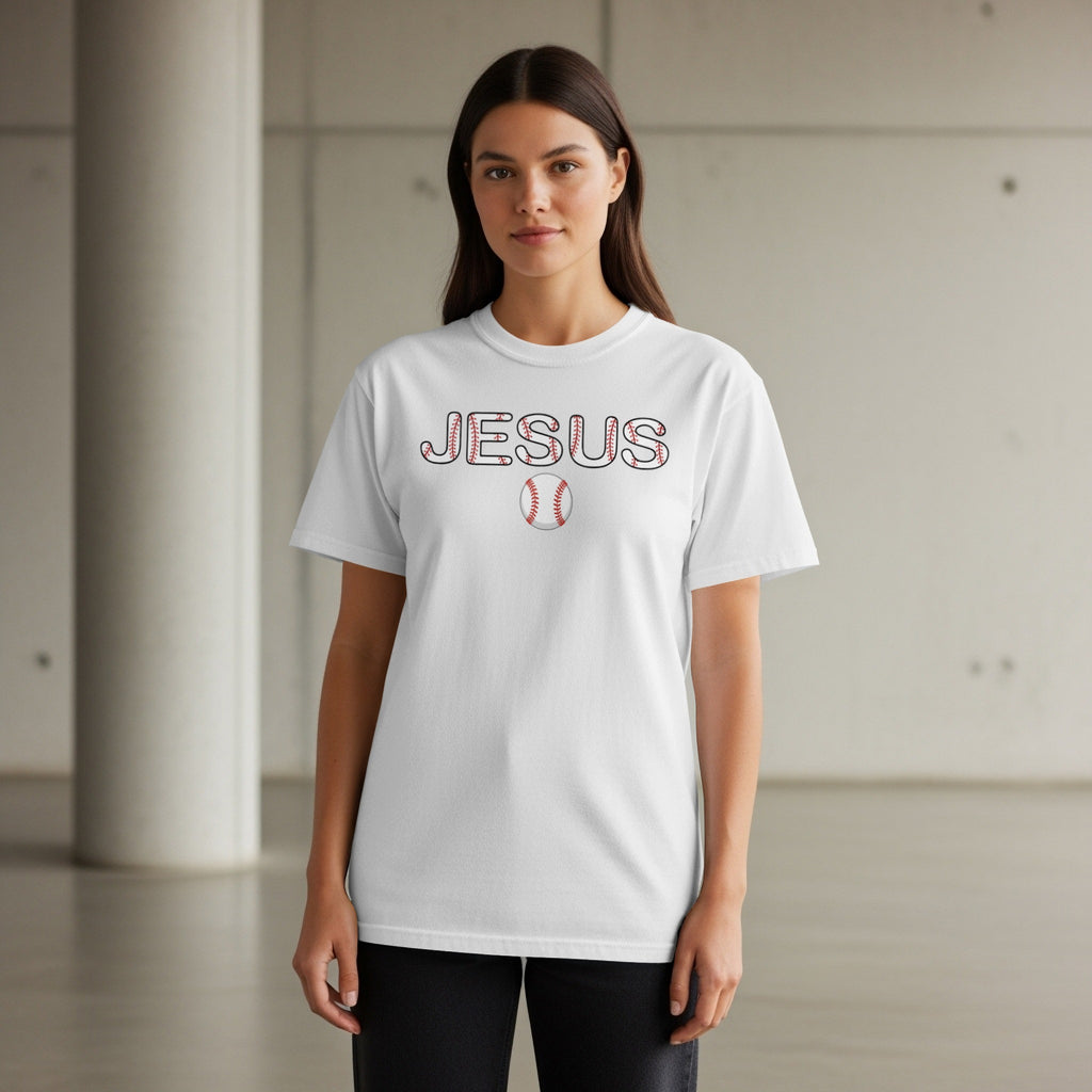White t-shirt with "JESUS" text and a baseball graphic.