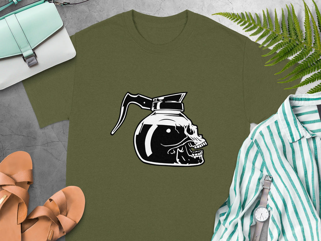 Olive green t-shirt with a black and white coffee pot skull graphic.