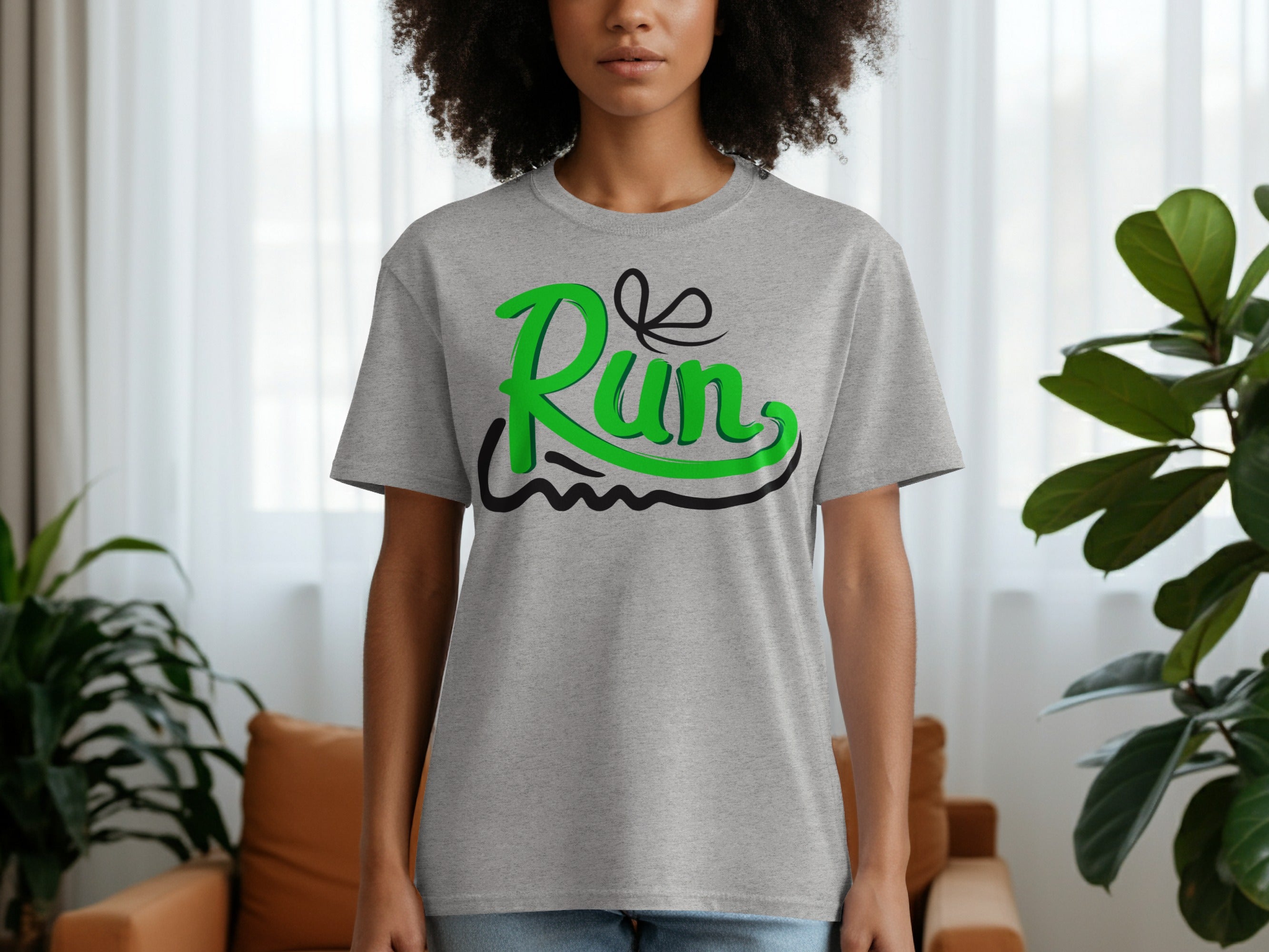 Grey t-shirt with "Run" in neon green lettering and black accents.