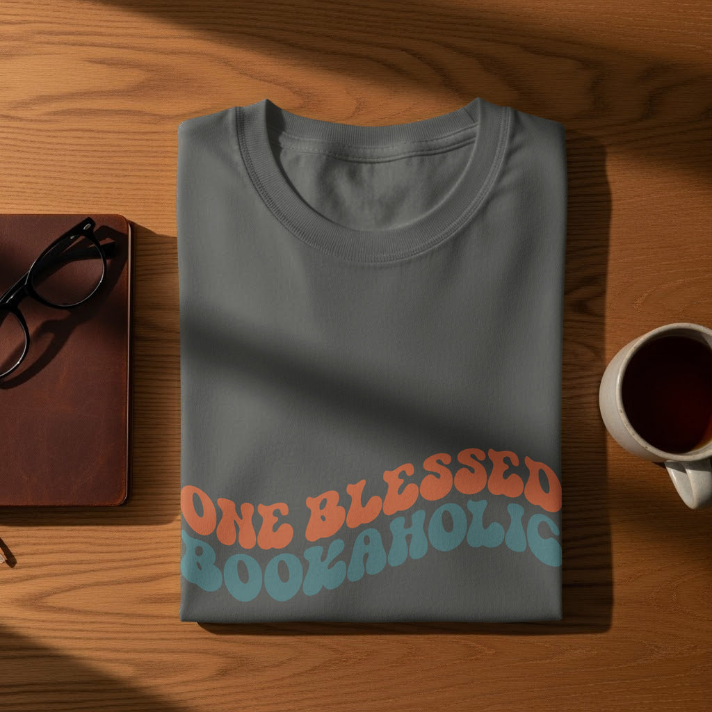 Gray t-shirt with "ONE BLESSED BOOKAHOLIC" text.