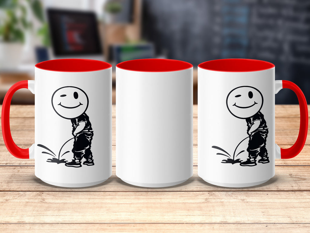 Three white mugs with red handles and rims, two with a winking smiley peeing graphic.