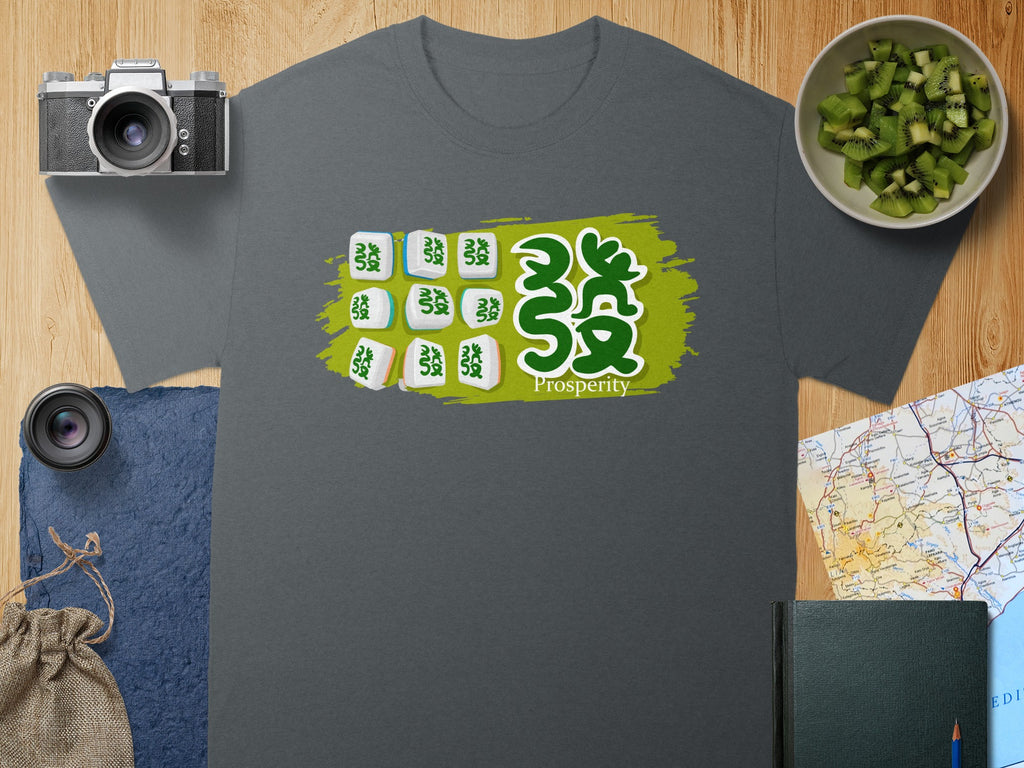 Grey t-shirt with green brush stroke and mahjong tiles spelling "Prosperity".