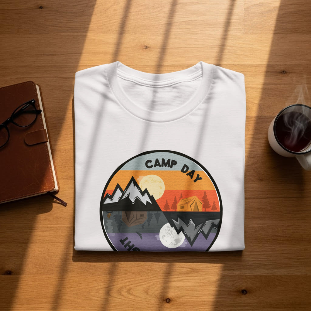 White t-shirt with circular graphic depicting day and night camping scenes.