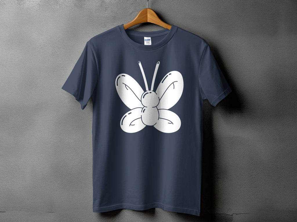 Navy t-shirt with a white cartoon butterfly graphic design.