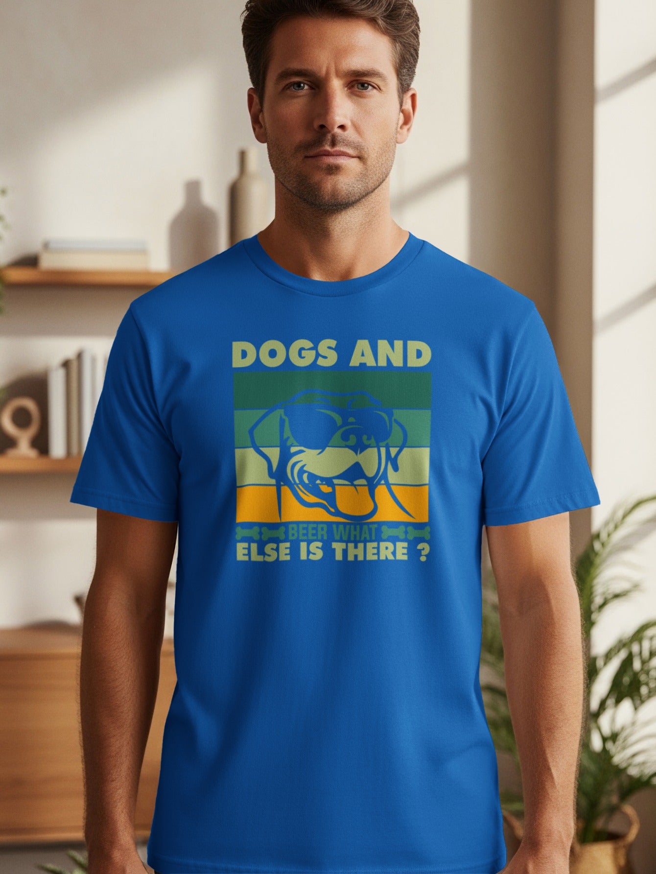 Funny graphic tee with dogs, beer, and a dog wearing sunglasses.