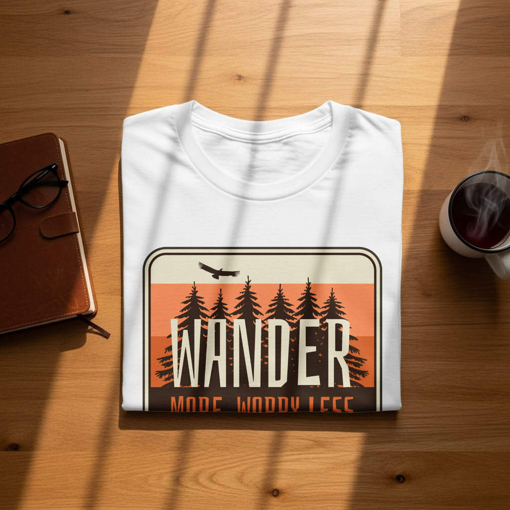 White t-shirt with "Wander" text and pine trees graphic.