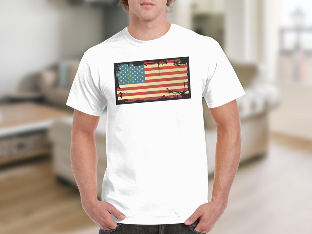 White t-shirt with a distressed American flag graphic on the chest.