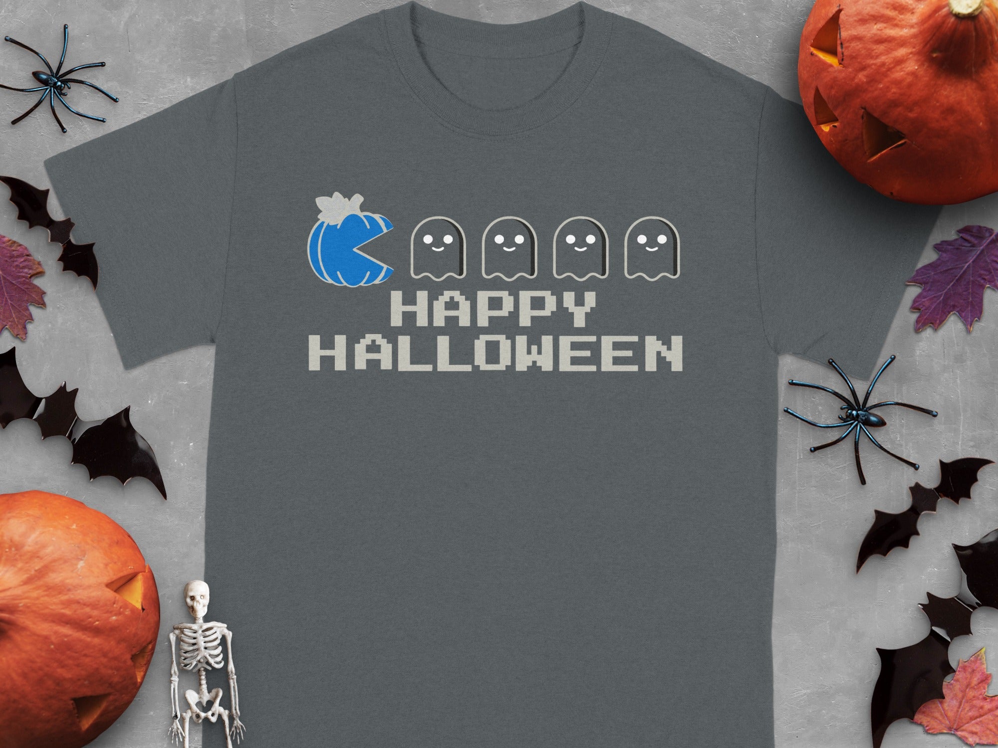 Gray t-shirt with a blue pumpkin, four ghosts, and "HAPPY HALLOWEEN" text.