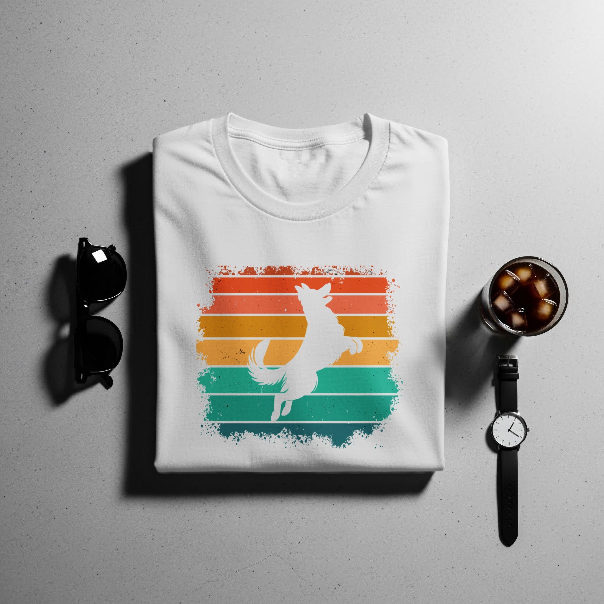 White t-shirt with white distressed dog silhouette on retro sunset stripes.