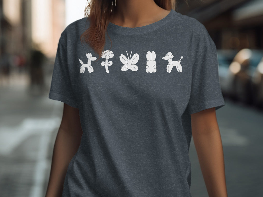 Dark gray t-shirt with white balloon animals: dog, flower, butterfly, rabbit, dog.