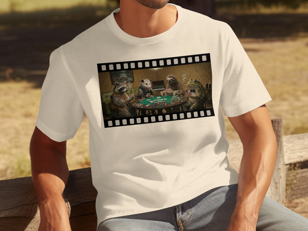 Animals playing poker and smoking, framed in film strip, on a t-shirt.