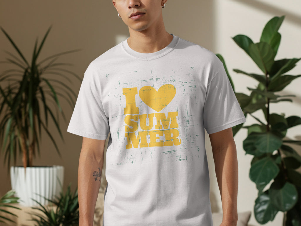 White t-shirt with distressed yellow text and heart graphic that says "I love Summer".
