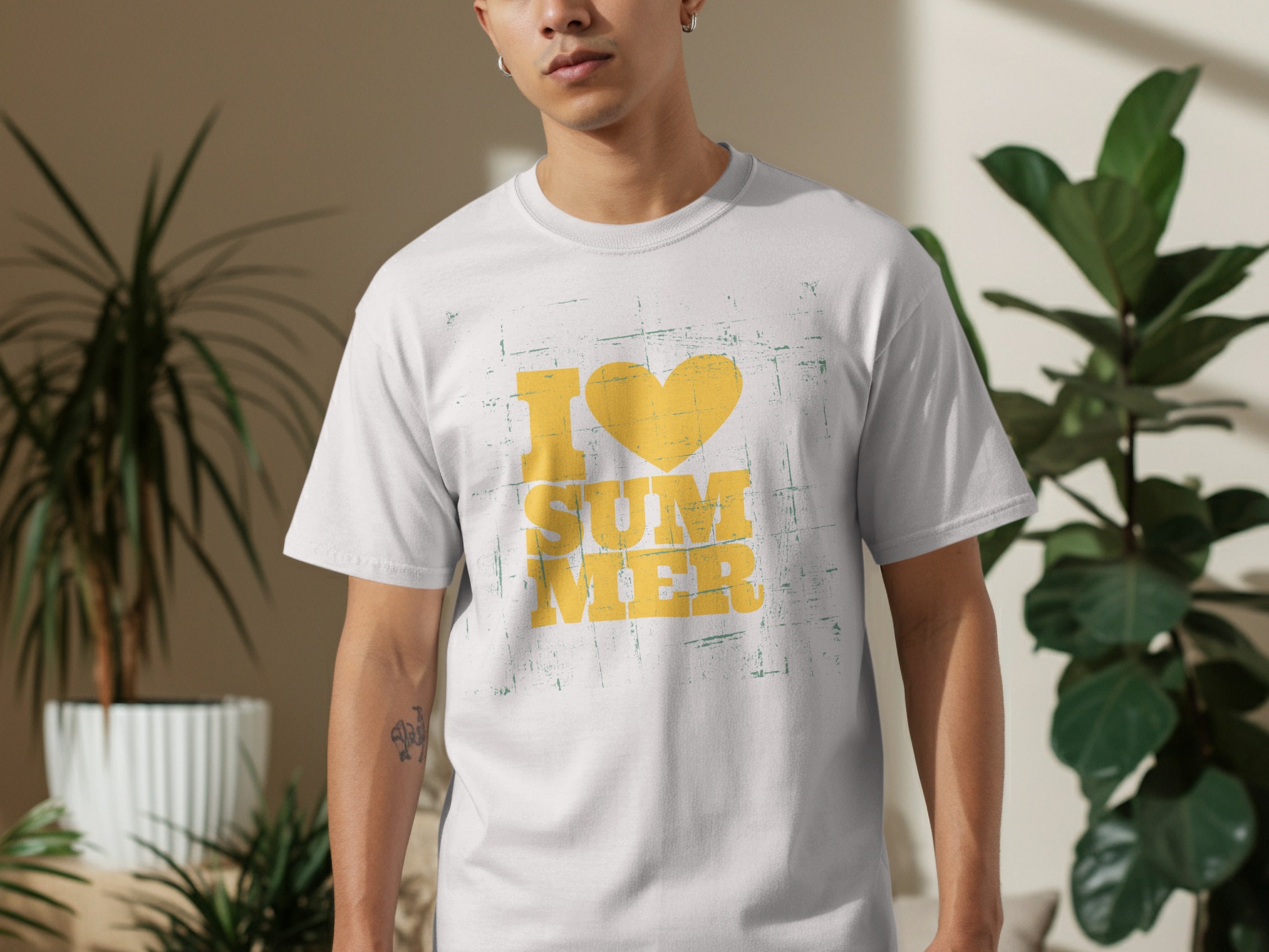 White t-shirt with distressed yellow text and heart graphic that says "I love Summer".