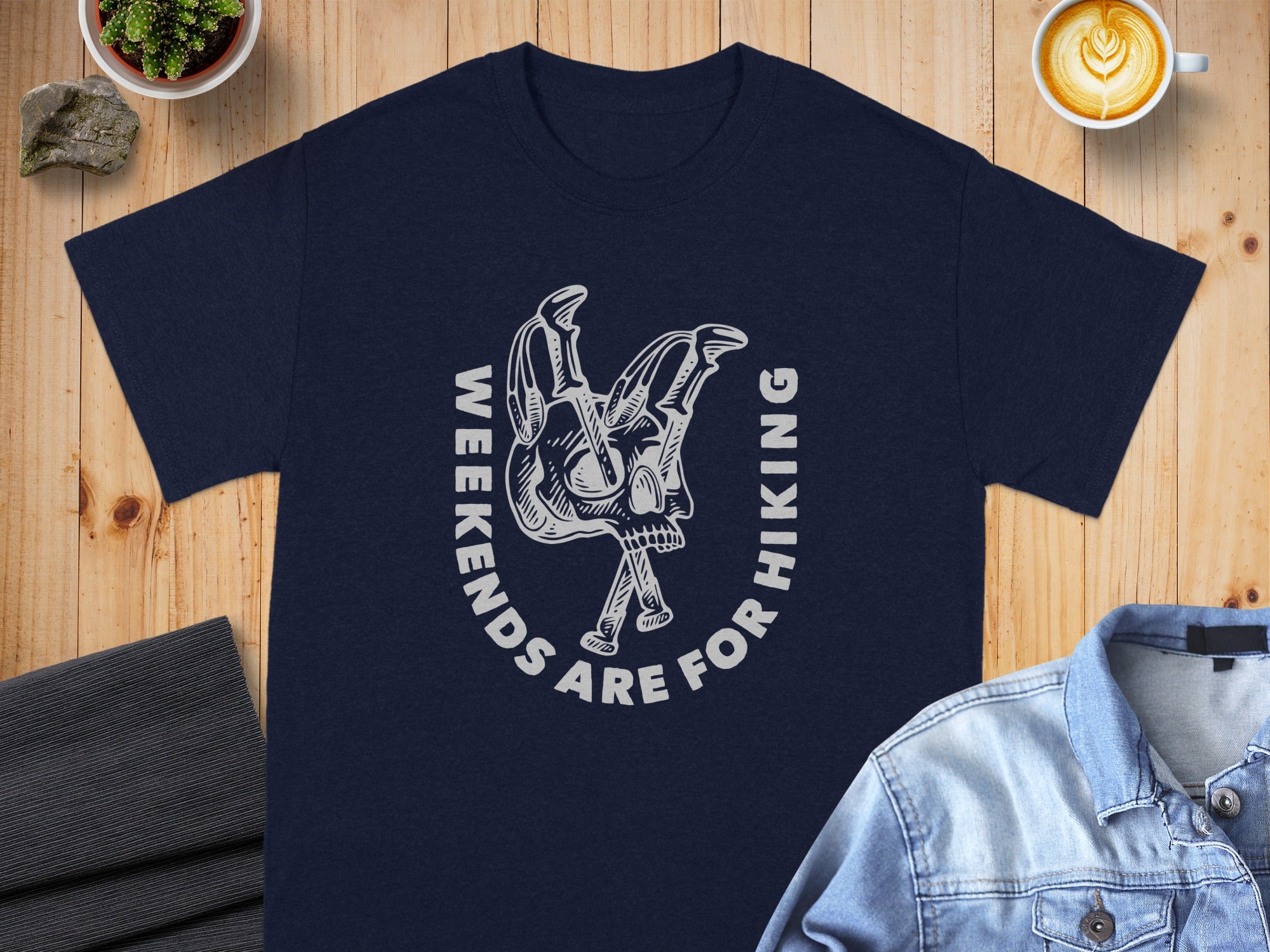 Navy t-shirt with white skull graphic and text "Weekends Are For Hiking."