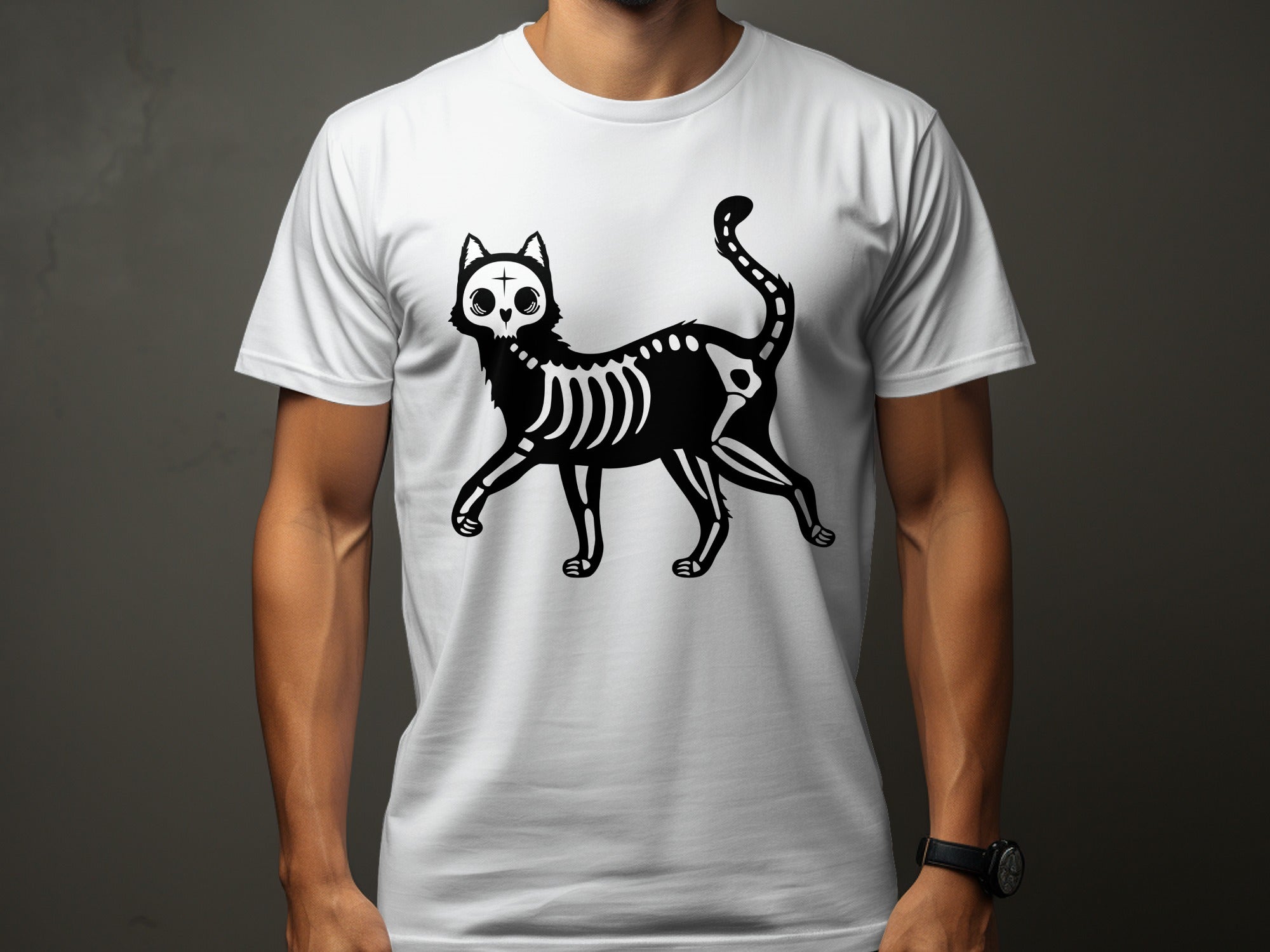 Black skeleton cat graphic on a white t-shirt showing its full body.