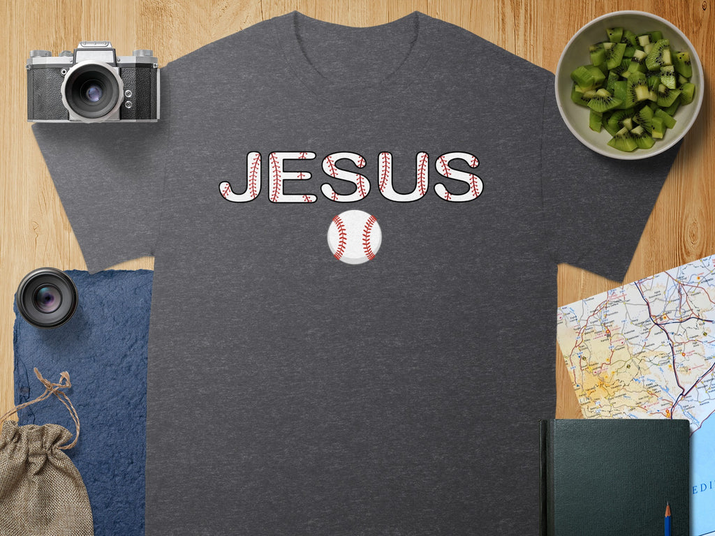 Dark grey t-shirt with "JESUS" in baseball stitching and a baseball graphic.