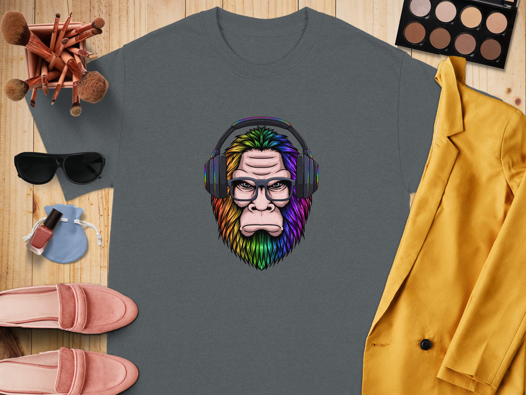 Gray t-shirt featuring a colorful ape with headphones and glasses.