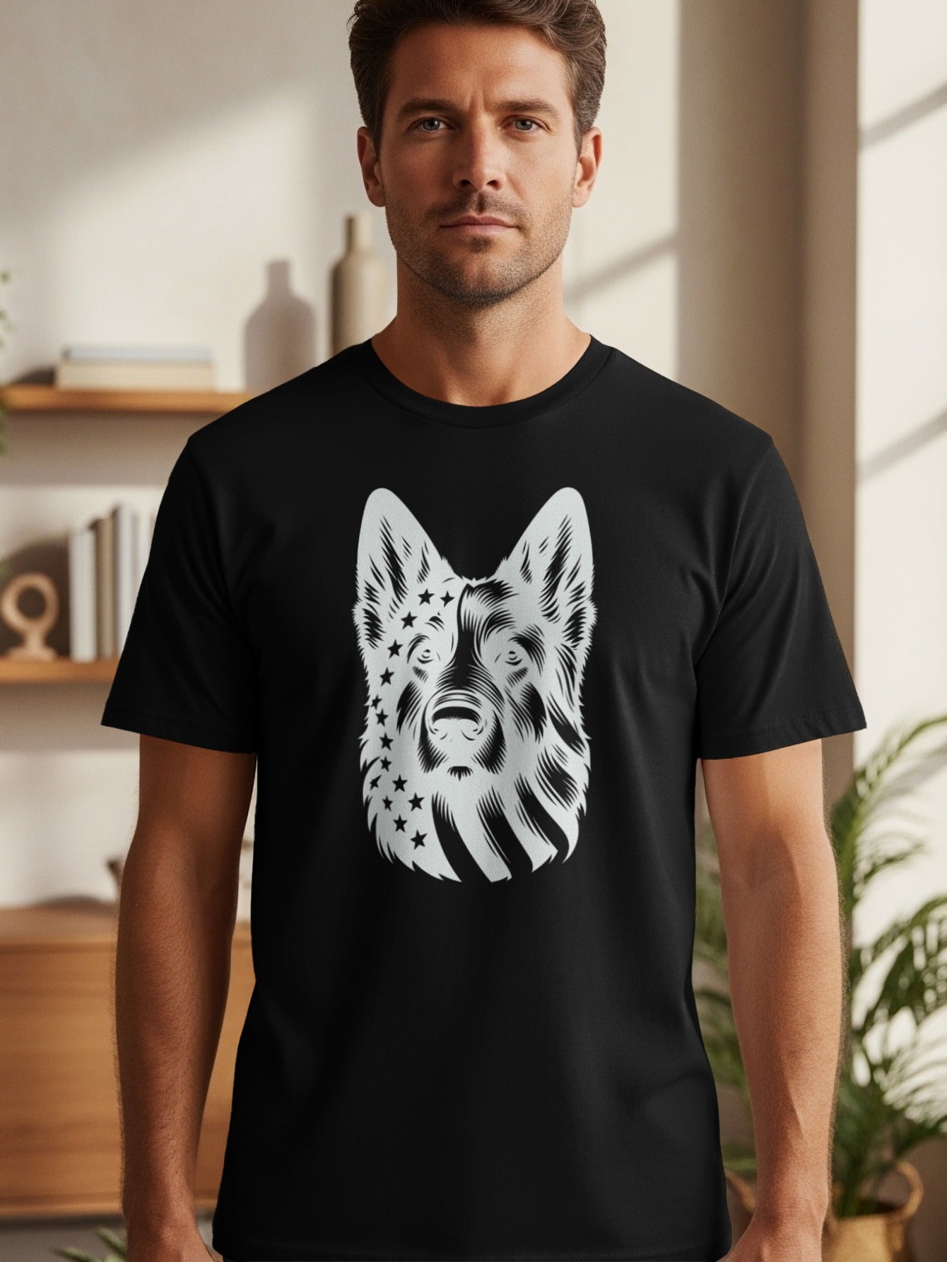 Black t-shirt with a white German Shepherd dog head and star patriotic design.