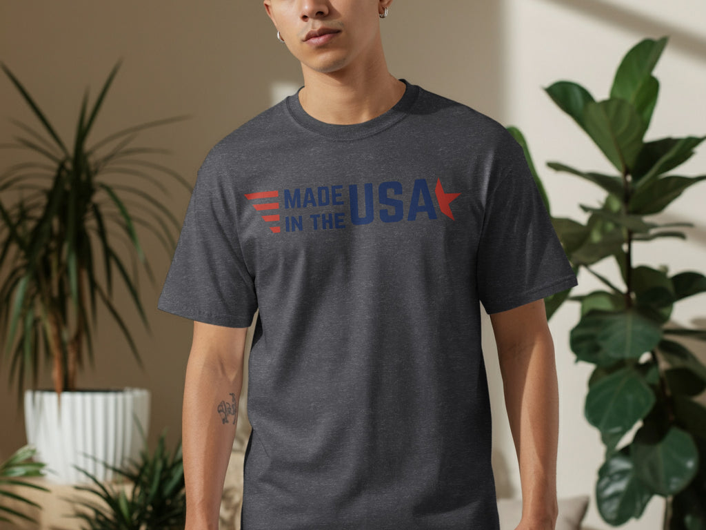 Dark grey t-shirt with "MADE IN THE USA" text in blue and red.