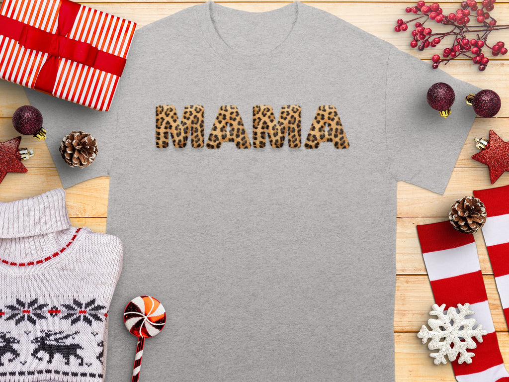 Gray t-shirt with leopard print "MAMA" text and Christmas decorations.