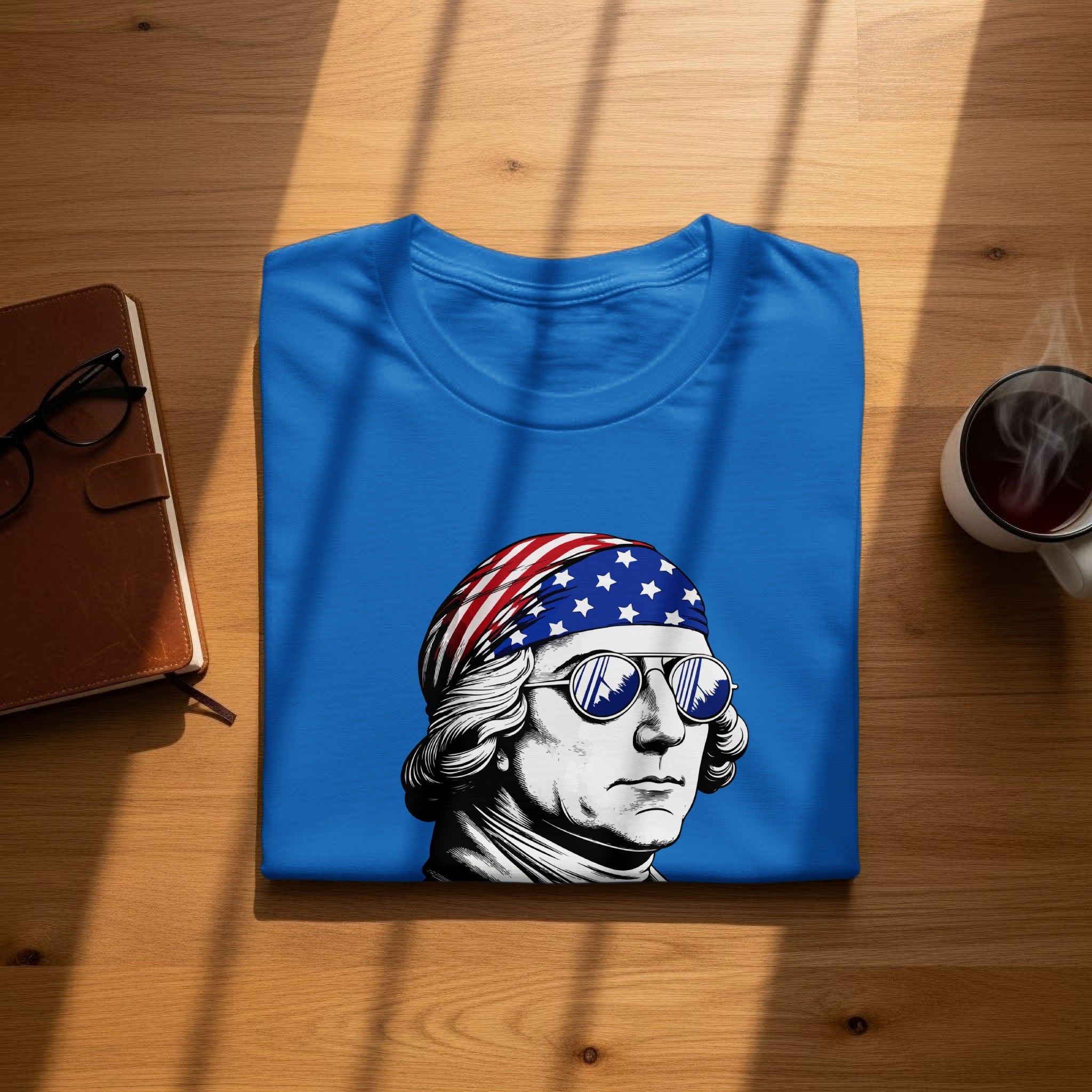 Blue t-shirt with illustration of George Washington wearing American flag bandana and sunglasses