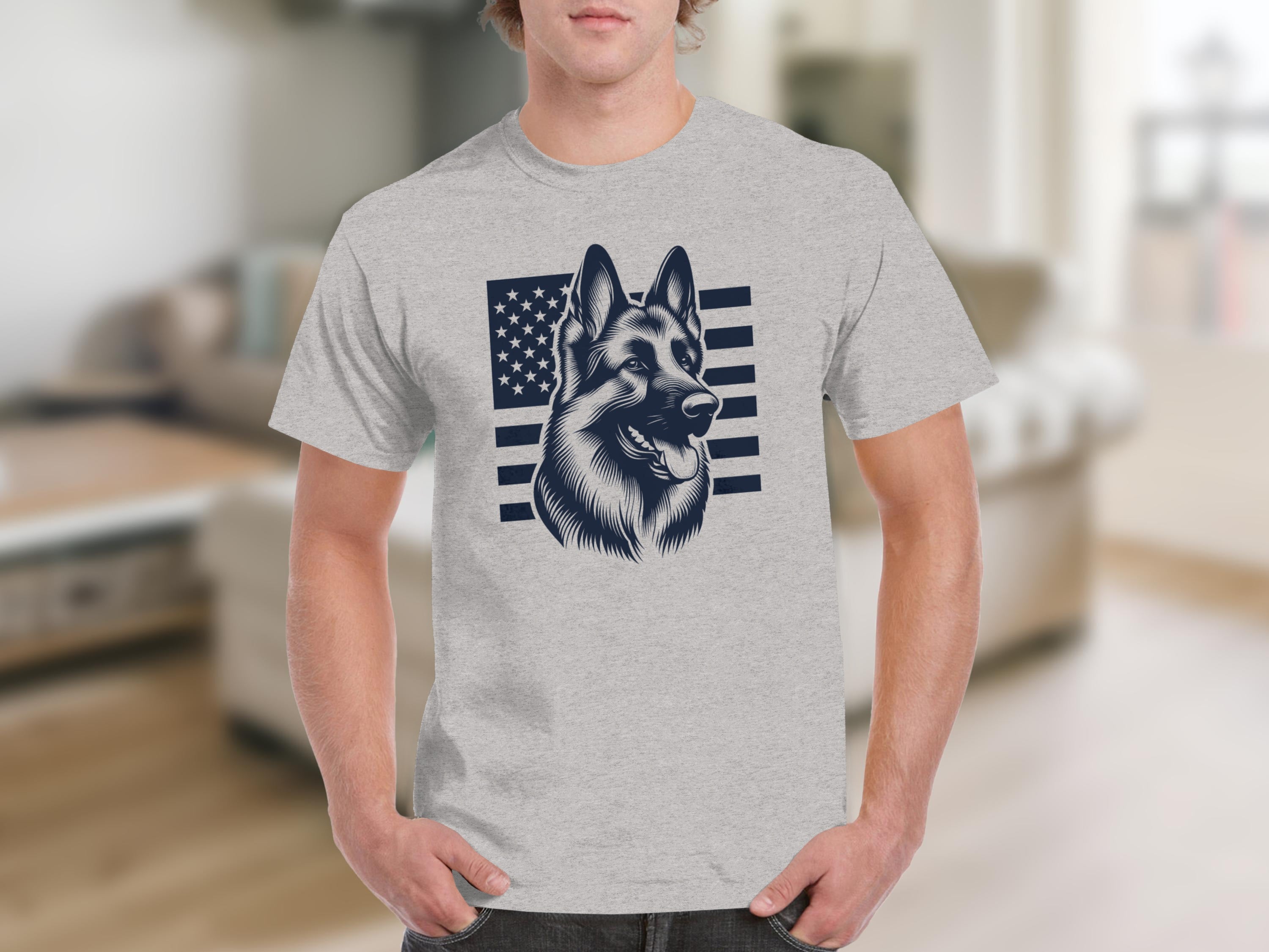 German Shepherd head graphic with American flag stripes on a light grey t-shirt.