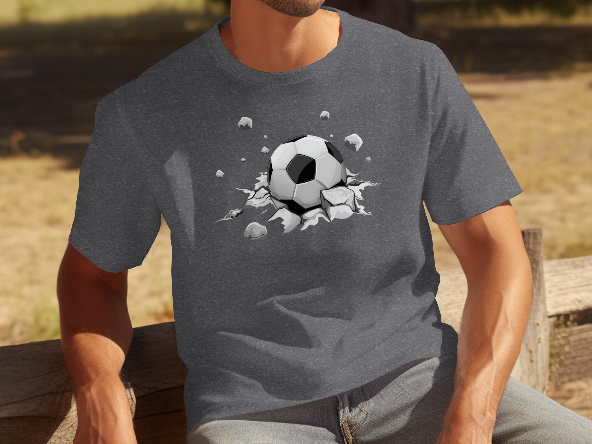Dark gray t-shirt with a graphic of a soccer ball bursting through rocks.