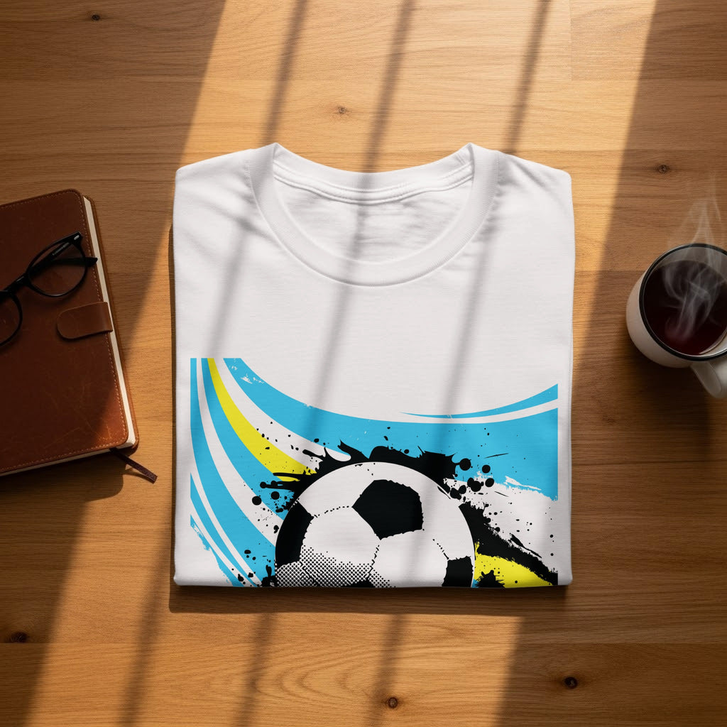 White t-shirt with a stylized soccer ball and blue and yellow abstract design.