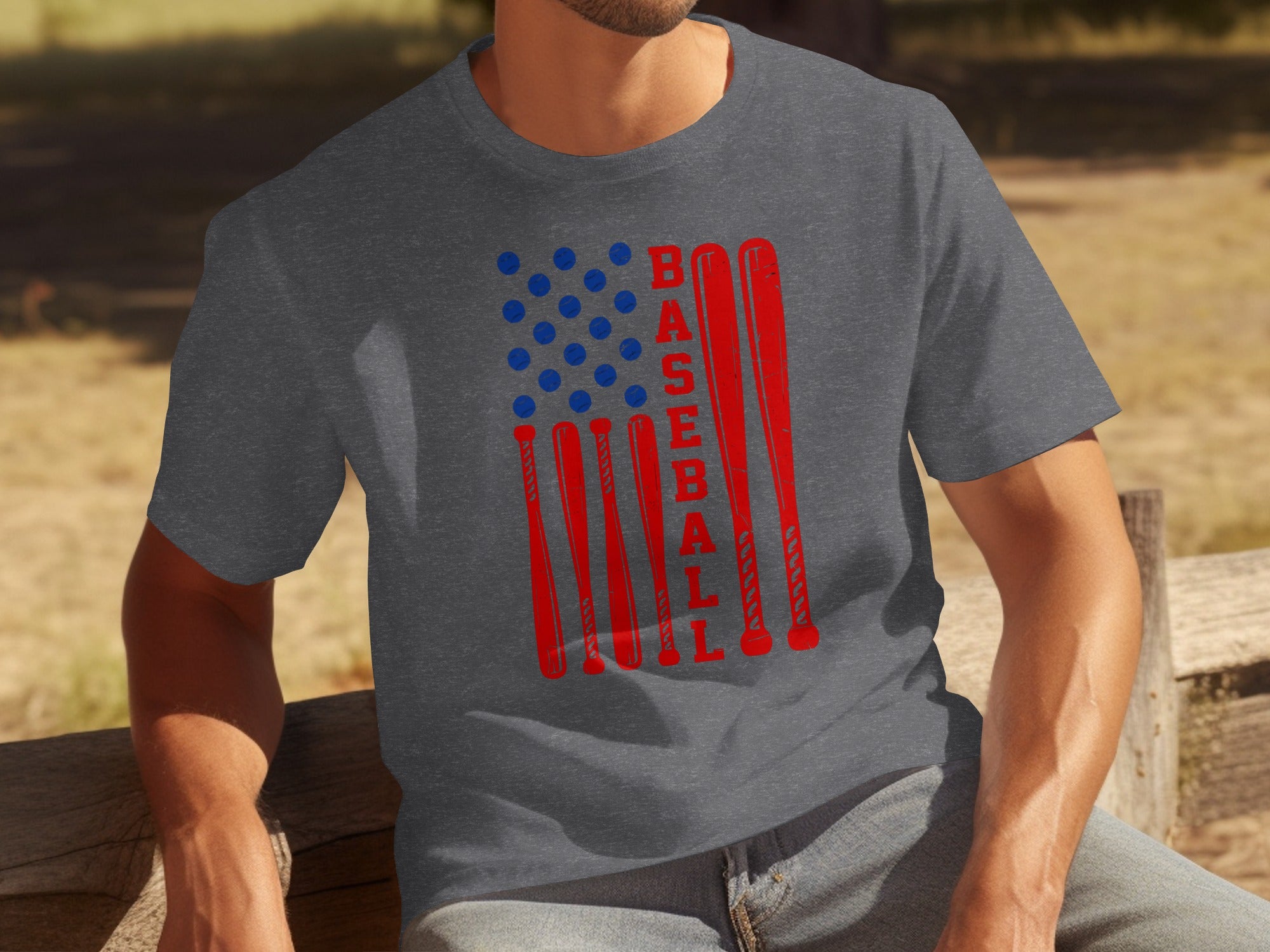 Dark grey t-shirt with American flag design made of baseball bats and balls.
