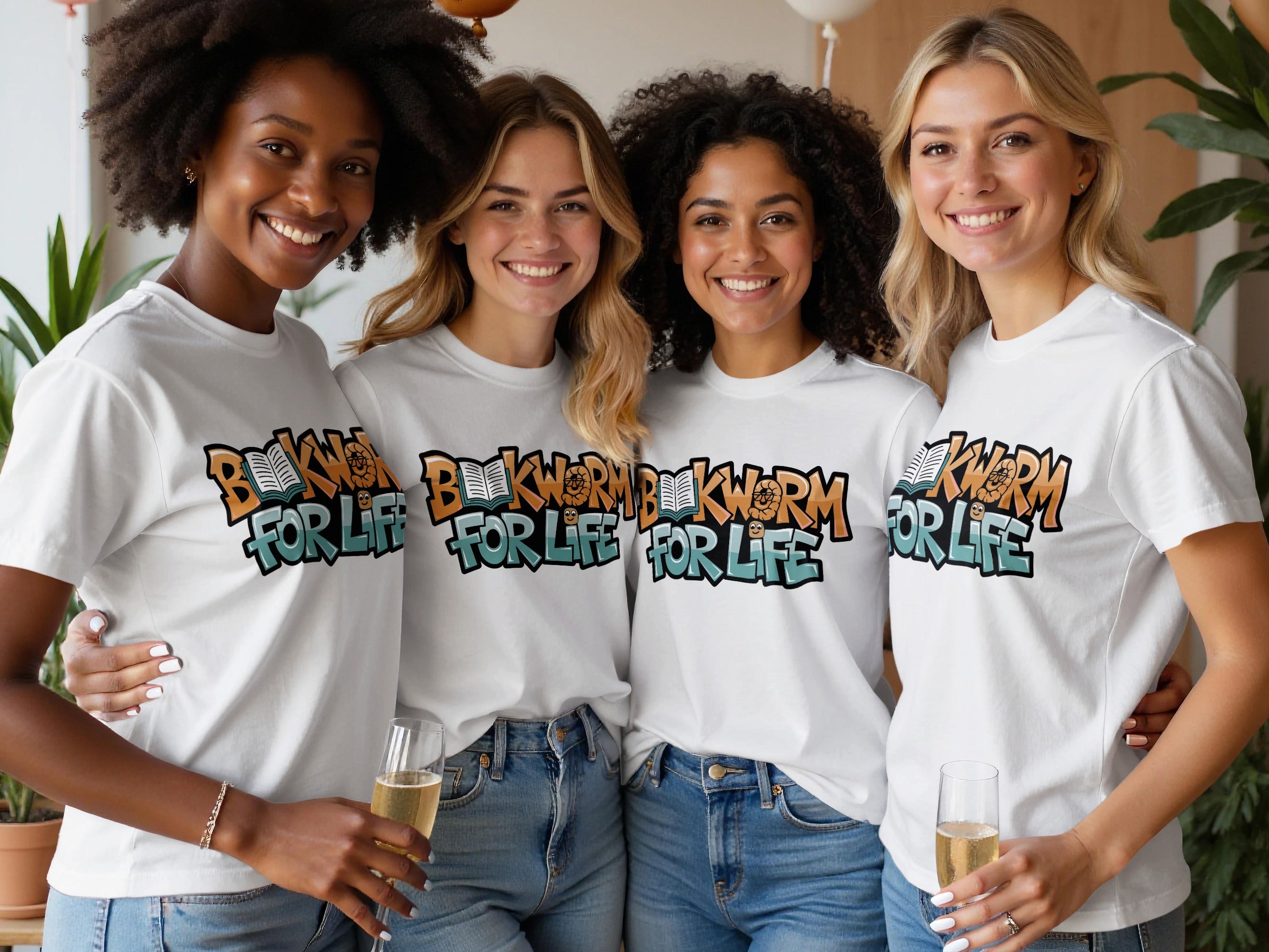 Four smiling women wear white t-shirts with "BOOKWORM FOR LIFE" graphic.