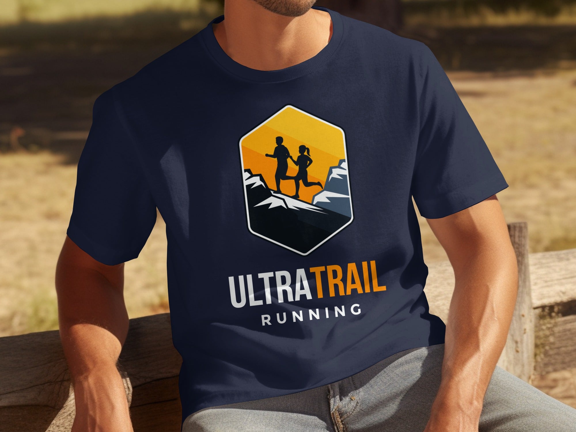 Navy t-shirt with "ULTRATRAIL RUNNING" text and mountain runners graphic.