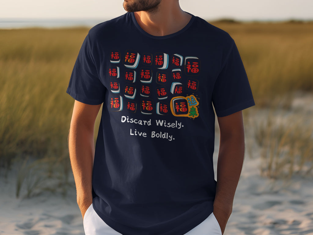 Navy t-shirt with mahjong tiles and text "Discard Wisely. Live Boldly."