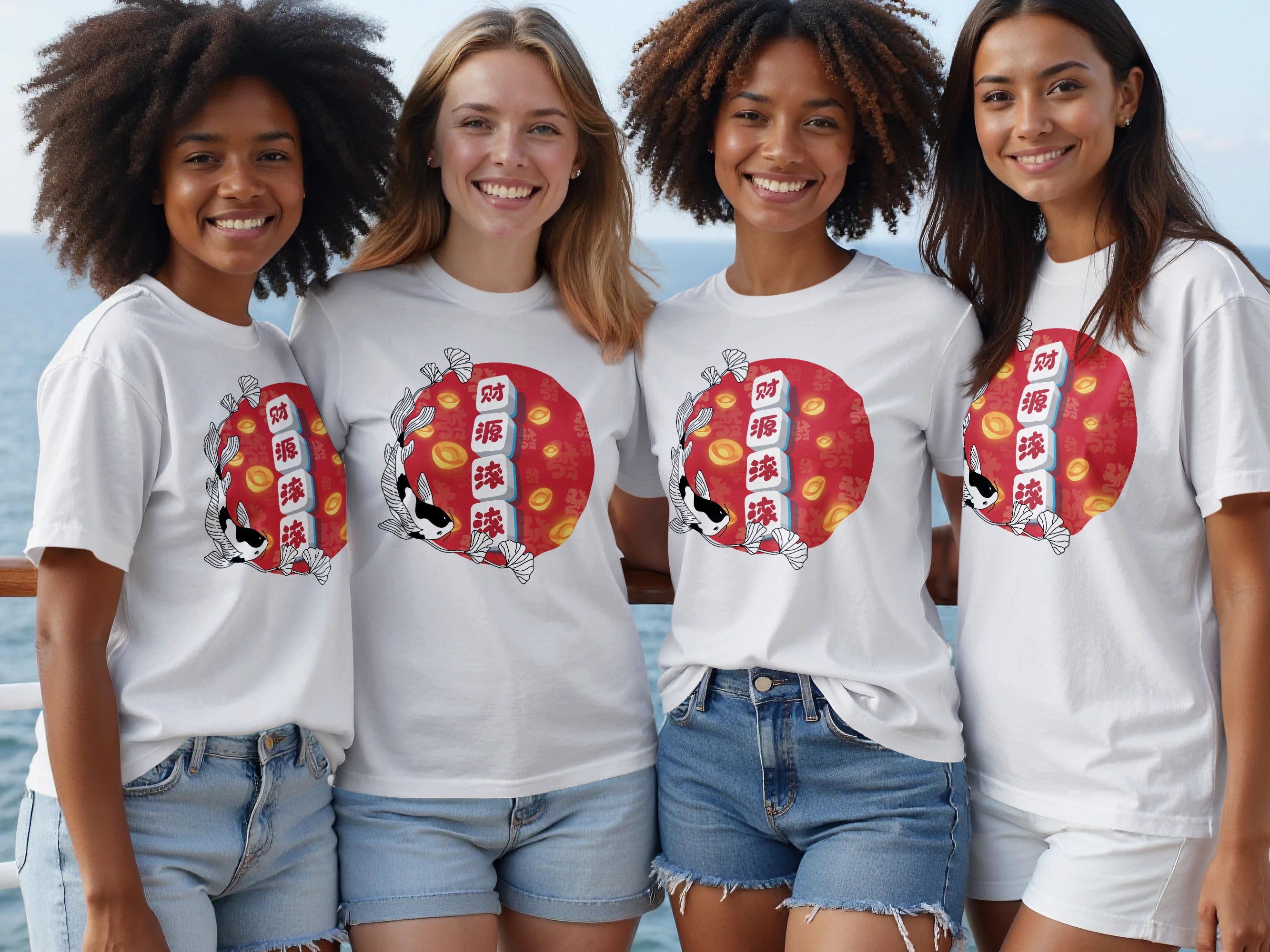 Four women wear white t-shirts with a circular graphic of koi fish and Chinese characters.