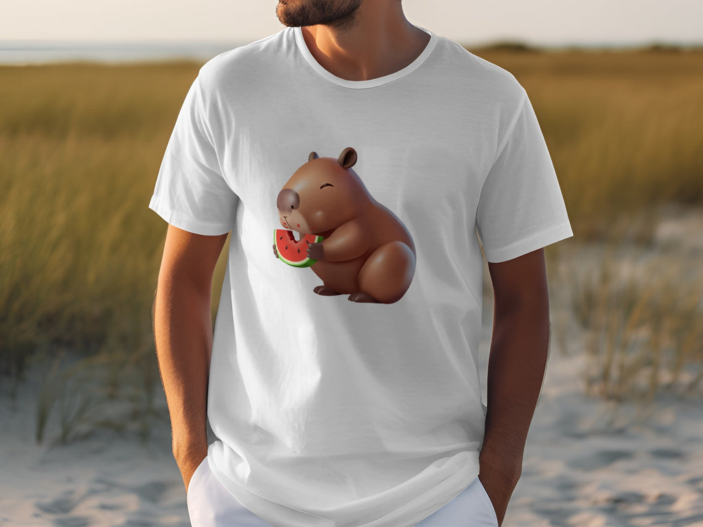 White t-shirt with a cartoon capybara eating a slice of watermelon.