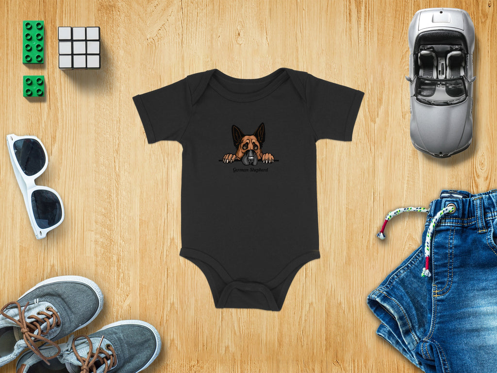 Black baby onesie with German Shepherd graphic and text.