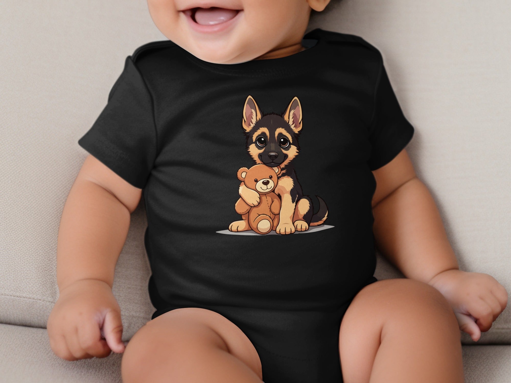 Black baby onesie with cartoon German Shepherd holding a teddy bear