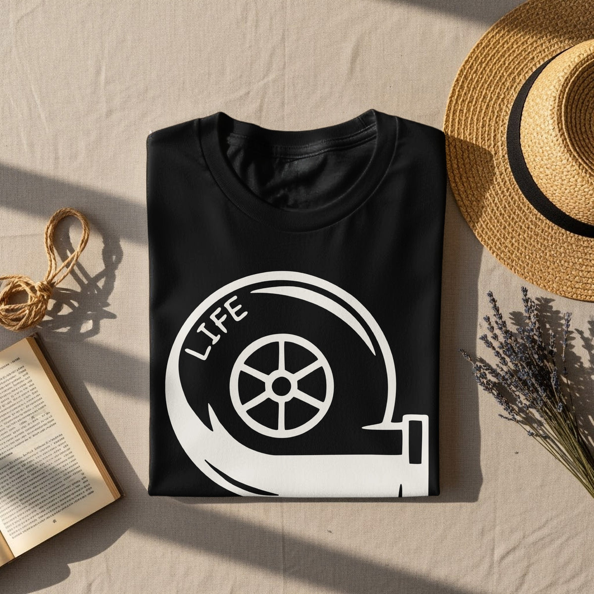 Black t-shirt with white graphic design of a turbocharger and the word "LIFE".