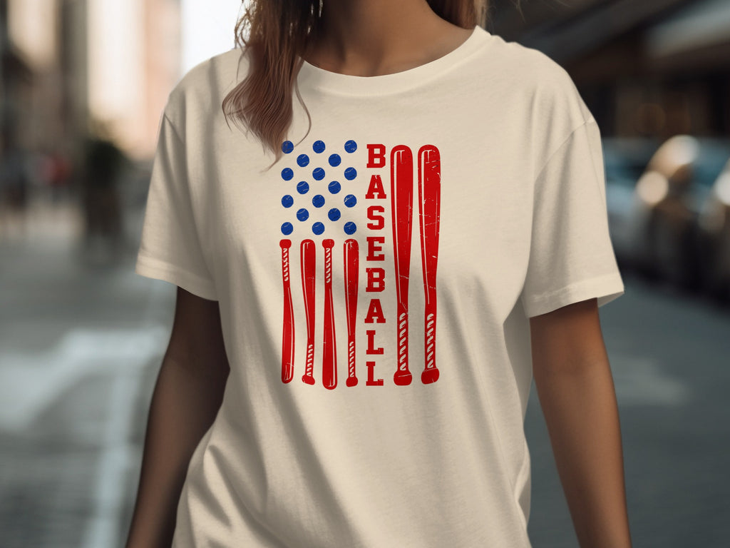Cream t-shirt with a distressed American flag design made of baseball bats and balls.