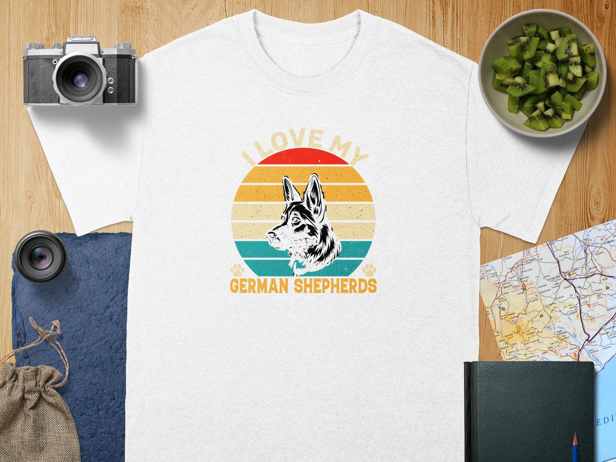 White t-shirt with "I Love My German Shepherds" graphic and dog portrait.