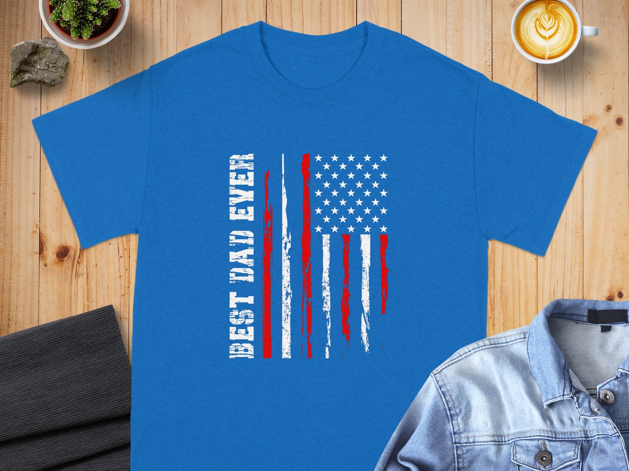 Blue t-shirt with distressed American flag and "BEST DAD EVER" text.