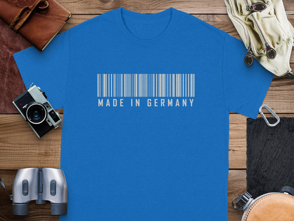 Blue t-shirt with a barcode and "Made in Germany" text.
