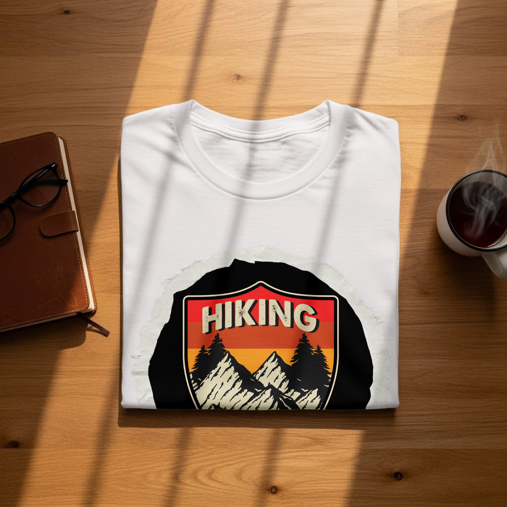 White t-shirt with vintage hiking mountain scene graphic and text.