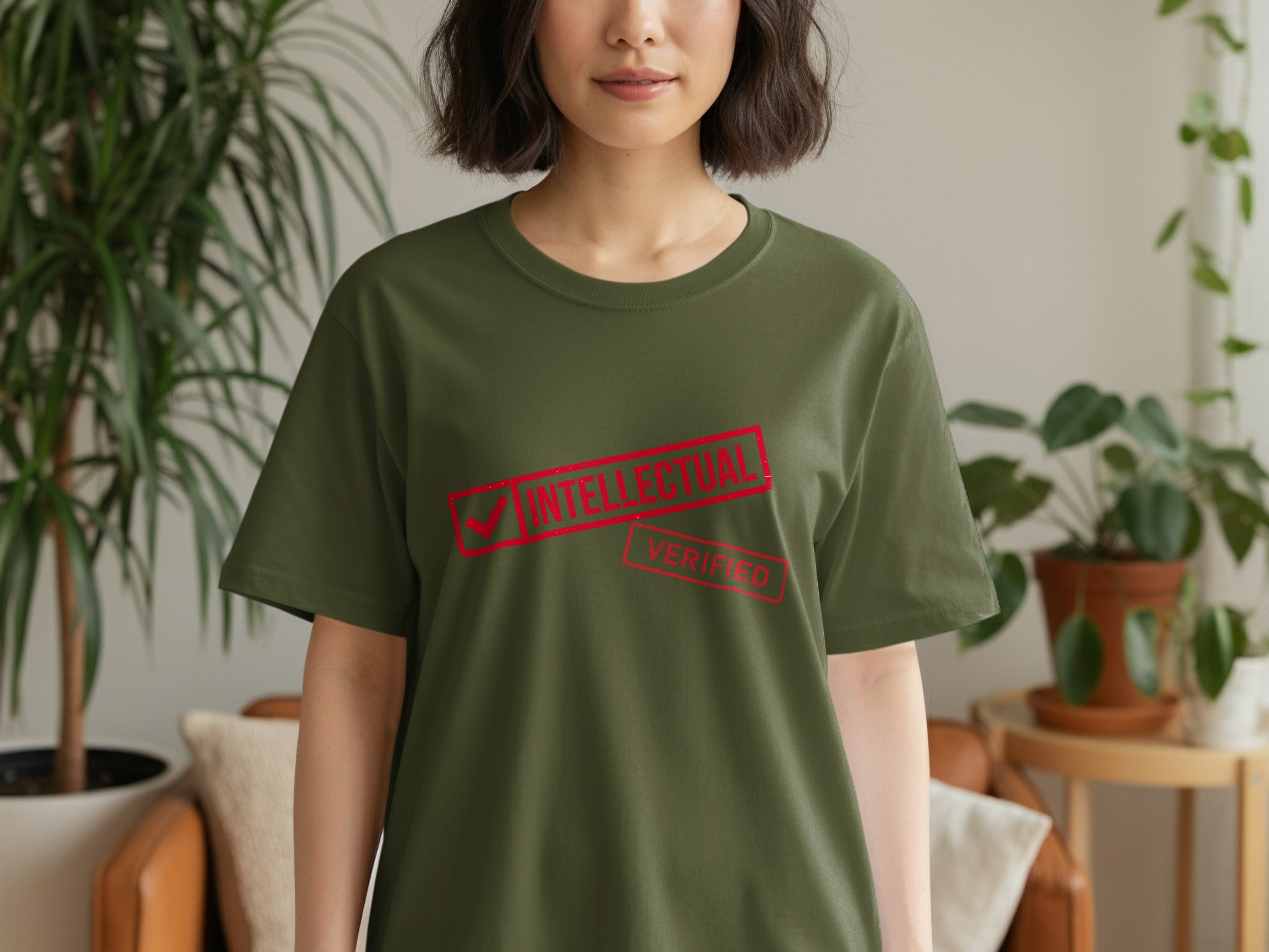 Green t-shirt with red "INTELLECTUAL VERIFIED" stamp design
